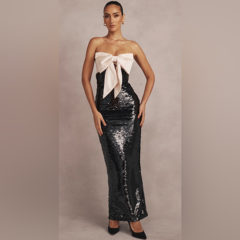 House of CB Black & White Holly Sequin Strapless Maxi Bow Dress (Size Small) - Picture 7 of 12